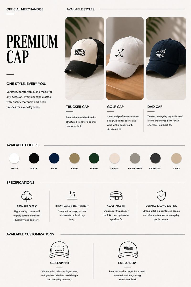 Premium caps: trucker, golf, and dad cap styles