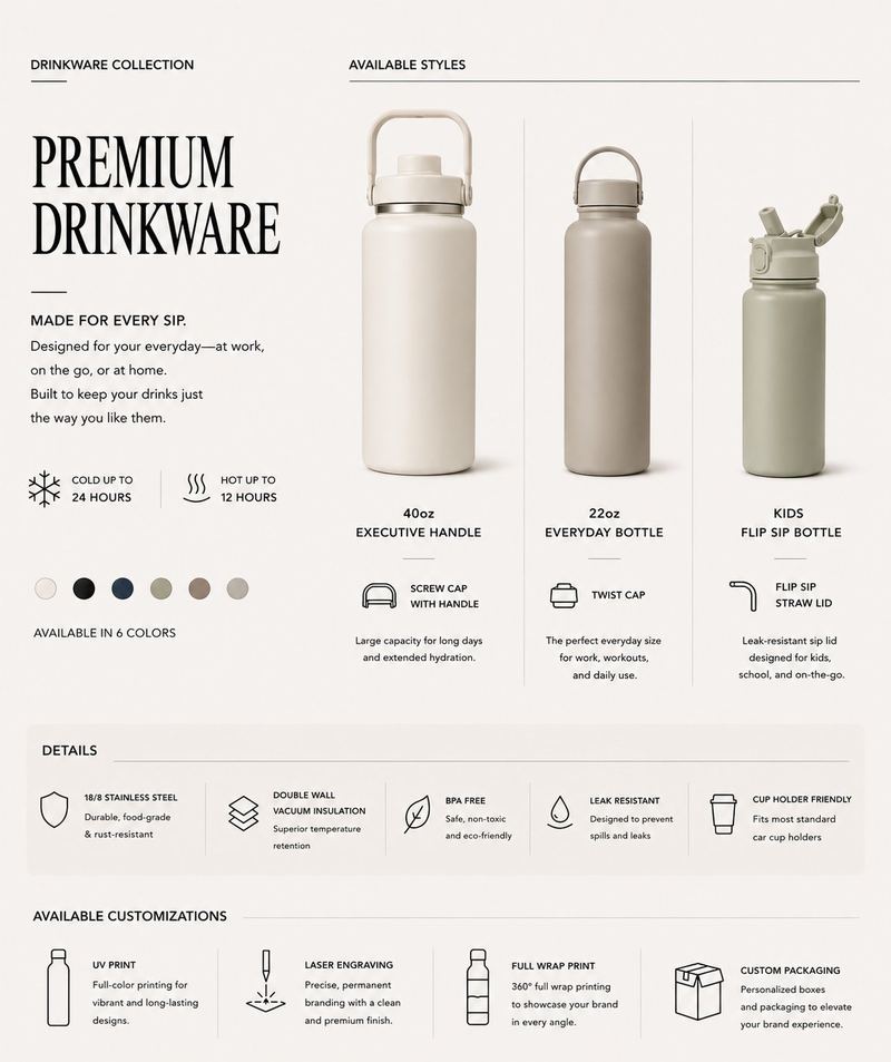 Premium insulated drinkware in three sizes