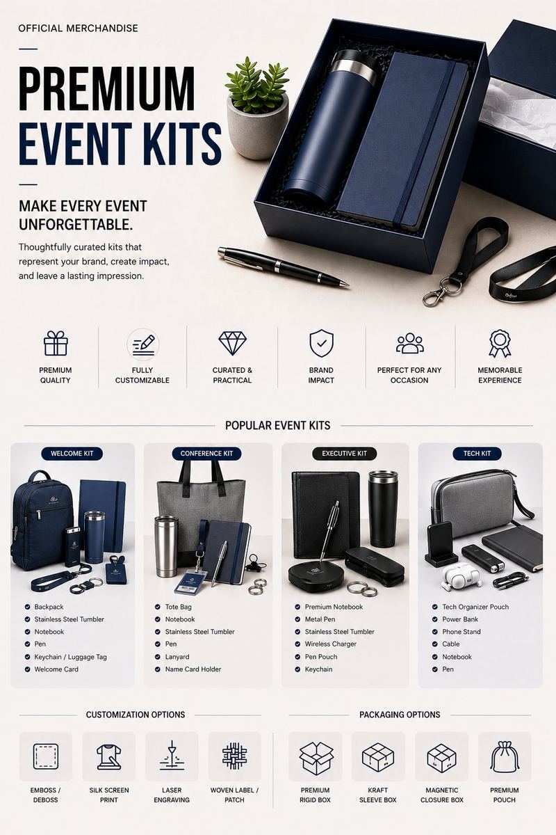 Premium curated event kits: welcome, conference, executive, and tech
