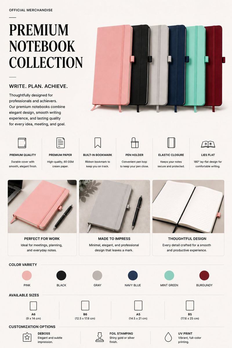 Premium notebook collection in 6 colors and 4 sizes