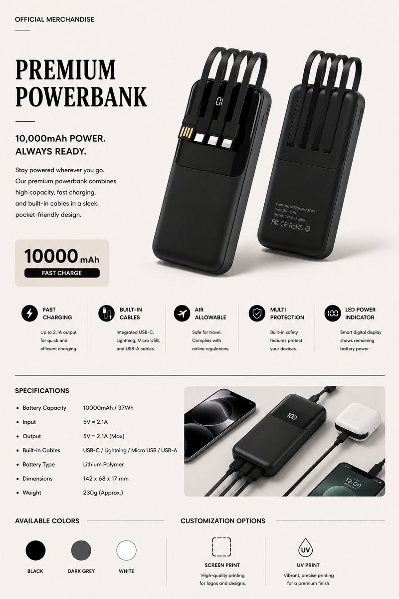 Premium 10000mAh powerbank with built-in cables