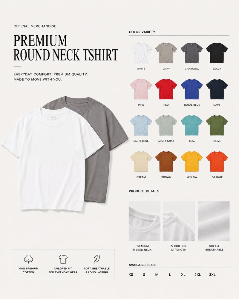 Premium round neck t-shirt in 16 colors