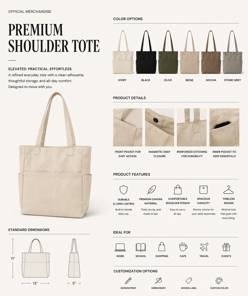 Premium shoulder tote in 6 colors