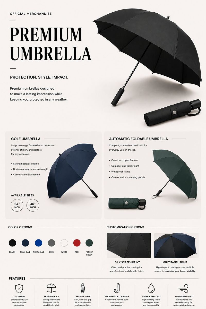 Premium golf and automatic foldable umbrellas