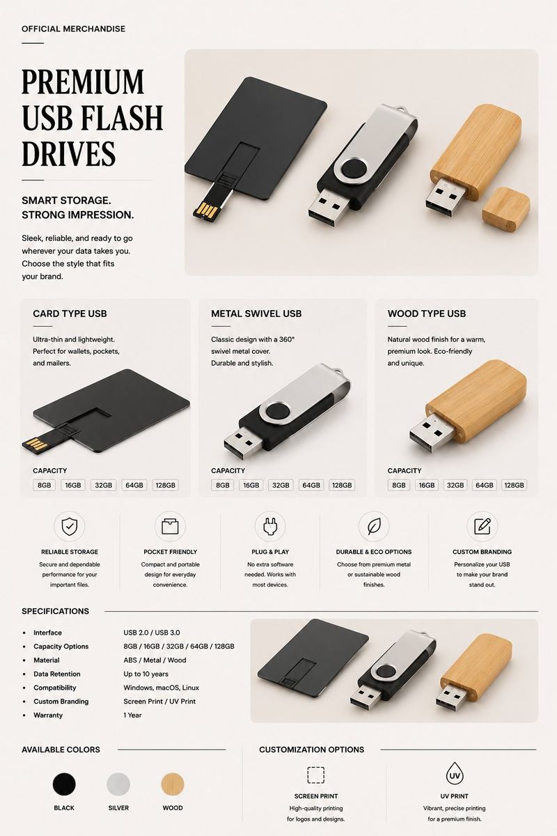 Premium USB flash drives in card, metal, and wood styles