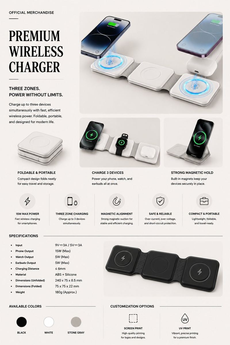 Premium 3-zone foldable wireless charger